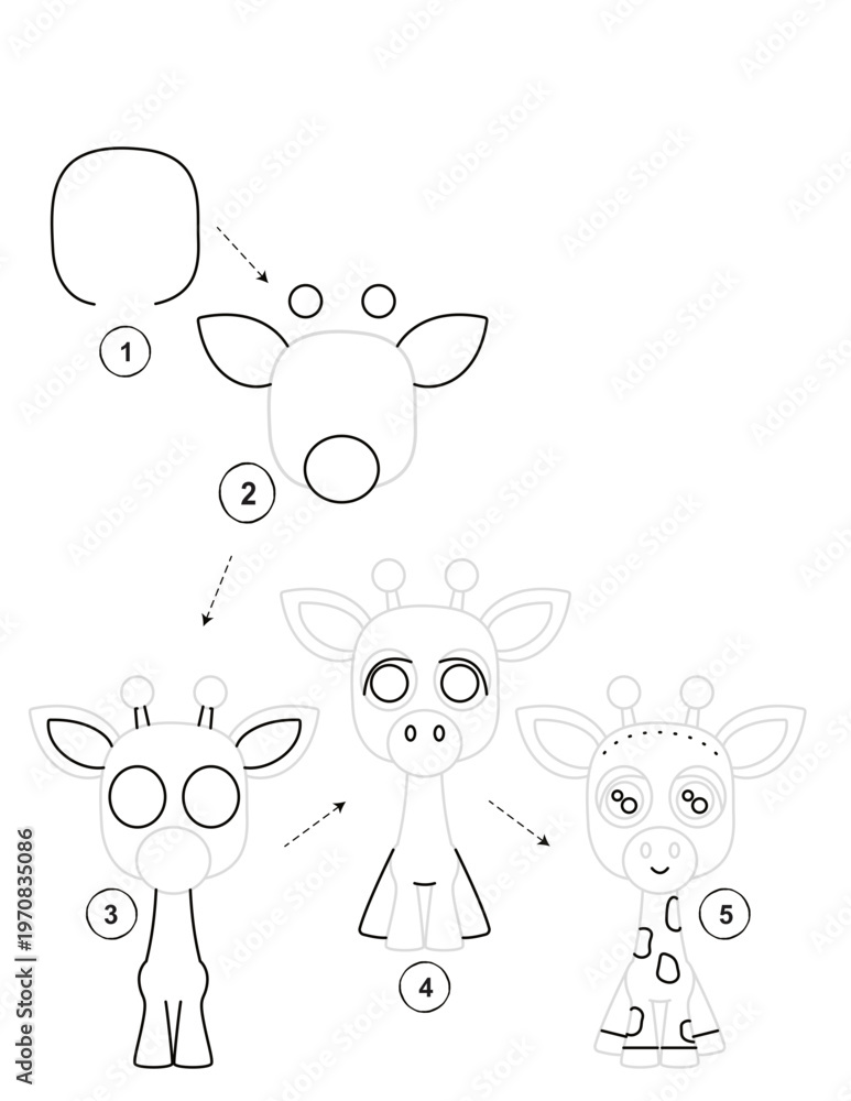 Fototapeta premium Step-by-step drawing guide for kids activity on how to draw a giraffe, isolated on transparent background
