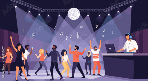 Large group of friends dances joyfully at a nightclub while a DJ plays music under bright spotlights and a disco ball.