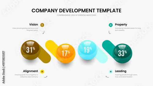 Professional Plan Four Element Chart Presentation Template. Corporate Launch Slide Design Vector Illustration. Colorful Analysis 4 Step Graph Frame Layout.