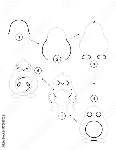 Simple step-by-step guide on how to draw a cute penguin for kids activity