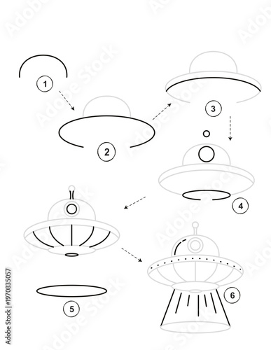 Step by step illustration of how to draw a flying saucer for kids activity, isolated transparent png