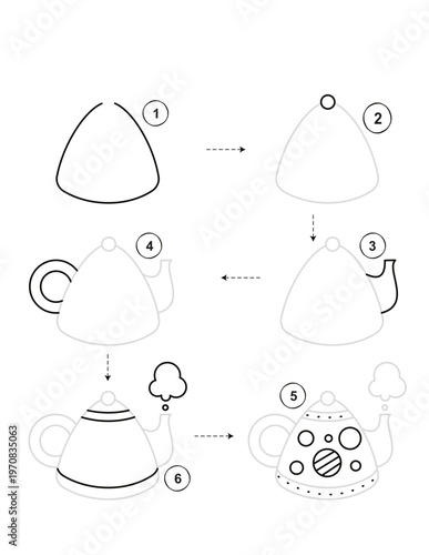 Step by step guide for kids on how to draw a teapot isolated on transparent background
