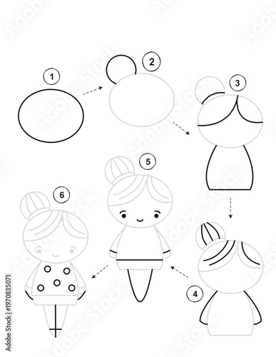 Simple step by step drawing tutorial for kids activity showing how to draw a cute character isolated on transparent background
