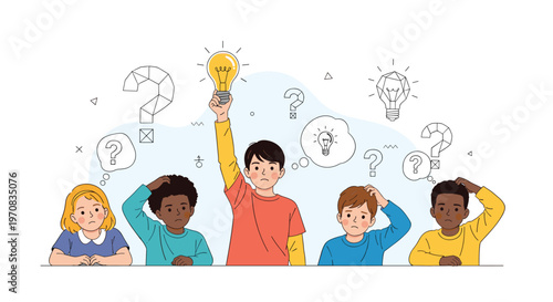 Diverse group of children looks puzzled with question marks above them while one boy holds a bright glowing lightbulb.