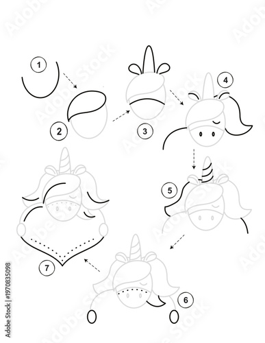 Step by step guide on how to draw a cute unicorn for kids activity on transparent background