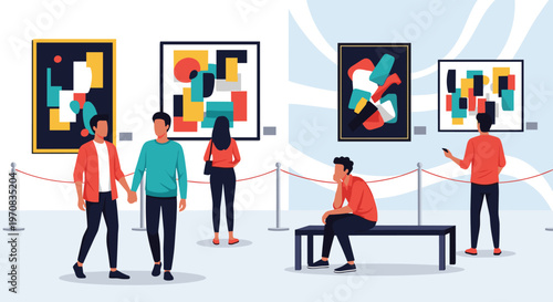 Diverse visitors explore a modern art gallery by viewing colorful abstract paintings on display in a clean museum space.