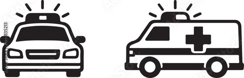 Minimalist Emergency Vehicles Icons Police Car Ambulance Vector Set