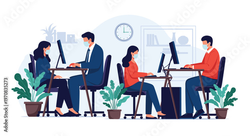 Professionals in an office setting work on computers while maintaining distance and wearing protective face masks.