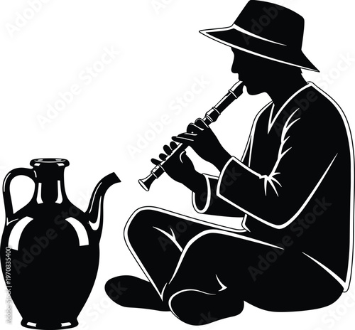 Detailed black and white silhouette vector illustration of a man sitting cross-legged wearing a hat and playing a flute next to a traditional pottery jug.