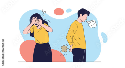 Embarrassed man accidentally passes gas while a woman nearby covers her face in distress and disgust from the smell.