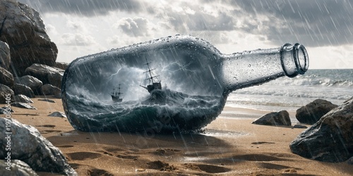 Two ships in a bottle amidst a stormy sea, with lightning and rain, resting on a sandy beach between two rocks.