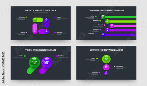 Financial Performance 4 5 2 3 Step Chart Frame Design Set. Market Forecast Four Five Two Three Option Graph Slideshow Layout Vector Illustration Collection.