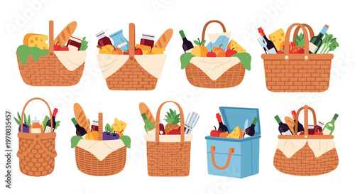 Assorted collection of traditional wicker picnic baskets filled with delicious food, wine, bread, and fruits for outdoor dining.