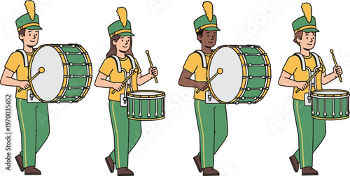 Diverse marching band drummers playing bass and snare drums in green and yellow uniforms, isolated cartoon characters for parade celebration.