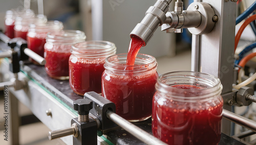 Automated line filling glass jars with red fruit jam on conveyor. Close up of thick berry confiture in food factory, showing packaging, processing, quality control