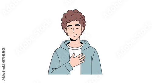 An illustrated young man with curly hair places his hand on his chest with closed eyes against a plain white background.