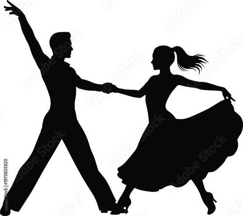 Elegant ballroom dance couple silhouette performing salsa or tango, romantic man and woman dancing together for wedding party and event celebration. (22 words)