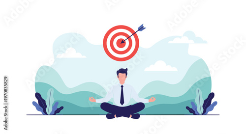 Focused businessman sits in a meditative pose while a target with an arrow in the bullseye floats above his head.