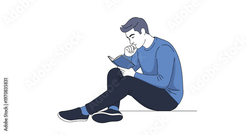 Young man in a blue sweater sits comfortably on the floor while deeply engaged in reading an open book.