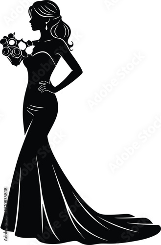 Elegant bride silhouette in a mermaid wedding dress holding a flower bouquet, luxury fashion illustration for bridal shower and wedding invitations. (23 words)