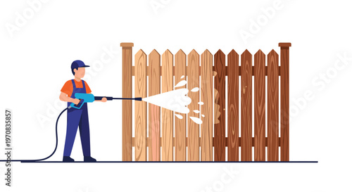 A man in blue overalls actively pressure washes a wooden fence, showing a cleaning transformation against a plain white background.
