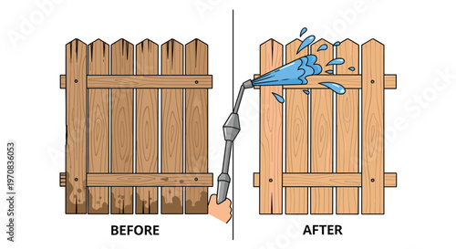 A split illustration shows a dirty wooden picket fence BEFORE and a clean fence AFTER being pressure washed.