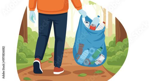 A person wearing gloves walks on a dirt path carrying a blue trash bag filled with various garbage items in a forest setting.