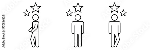 Three outline figures with stars above their heads on a white background representing recognition and achievement