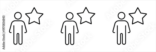 Three identical person icons with star icons on white background rating review