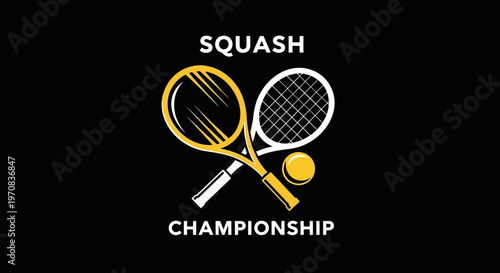 Squash Championship Emblem: Dynamic Design Featuring Racquets and Ball on Black Background
