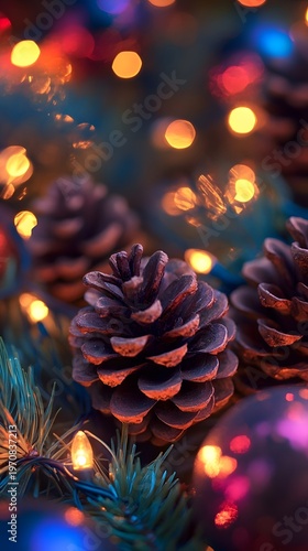 photograph of Christmas lights wrapped around pinecones, macro detail white background