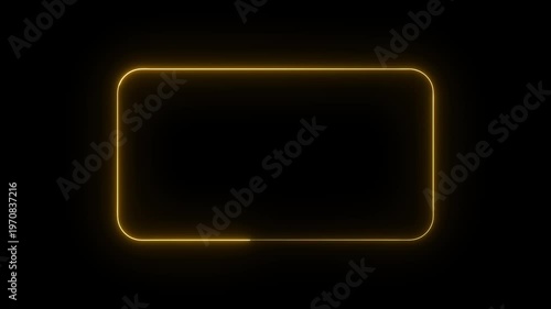 Glowing yellow colour neon rectangle border frame animated on black background.