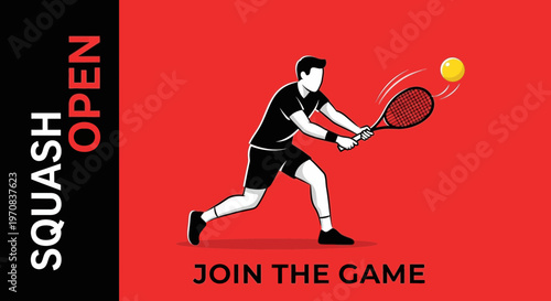 Squash Open: Dynamic Sports Illustration Showcasing Action and Playfulness on Red Background