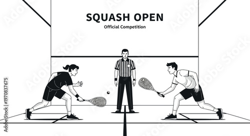 Squash Open Official Competition Illustration Featuring Two Athletes and a Referee