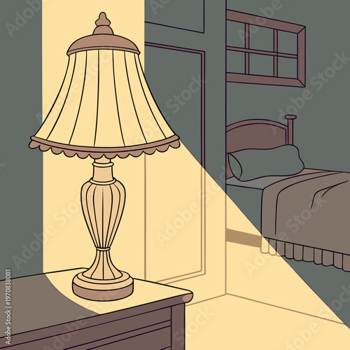 A vector graphic illustration of a lamp on a nightstand in a bedroom