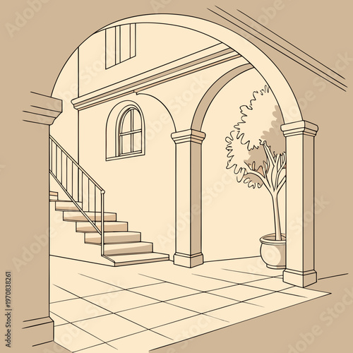A minimalist line art illustration of a building's interior courtyard with archway and staircase
