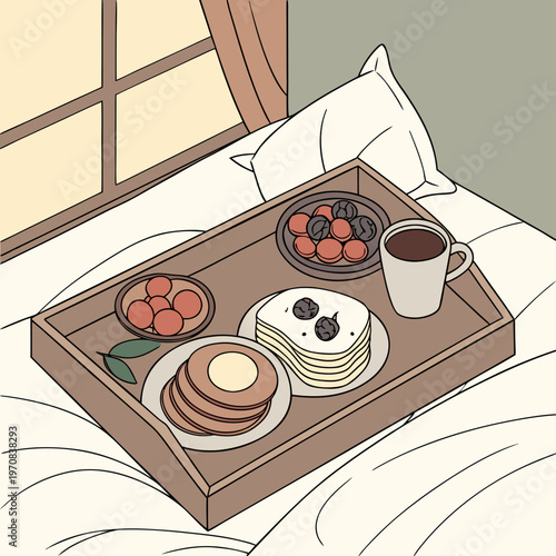 A vector graphic illustration of a breakfast tray in bed with pancakes and coffee