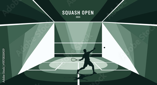 Squash Tournament 2024: Dynamic Silhouette in a Green Geometric Court Setting