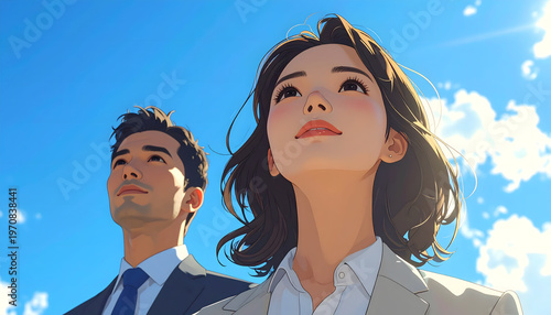 スーツ姿で空を見上げる男女