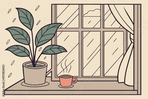 A minimalist vector illustration of a potted plant and coffee cup on a windowsill