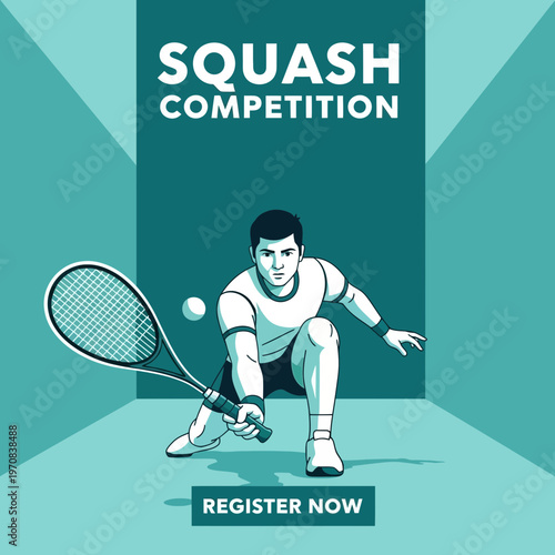 Squash Tournament Advertisement Featuring Athletic Player in Dynamic Pose Engaging Competition Scene