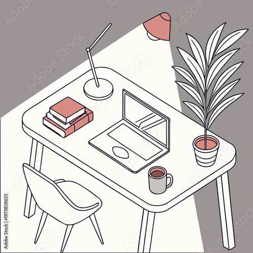 A minimalist vector illustration of a home office workspace with laptop and books