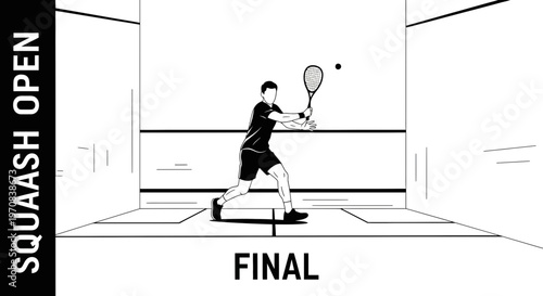 Squash Tournament Finale Illustration Depicting Player Action Within a Minimalist Court Setting