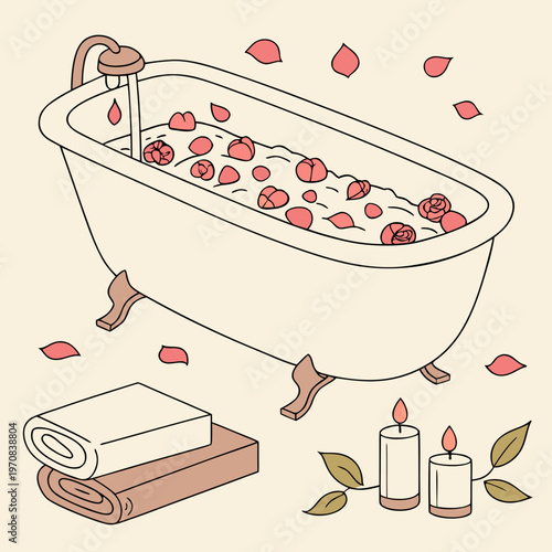 A serene vector illustration of a bathtub filled with rose petals and water