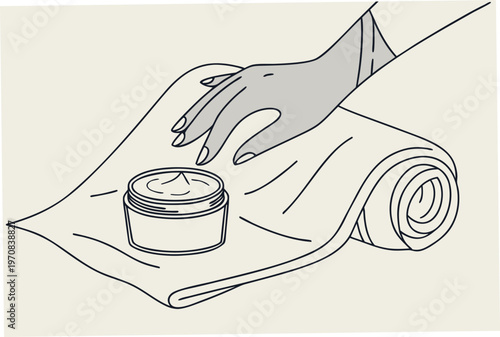 A minimalist line art illustration of a hand holding a rolled towel and a jar of cream