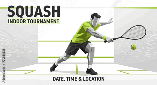 Squash Tournament Illustration Of A Player in Action with Abstract Geometric Design