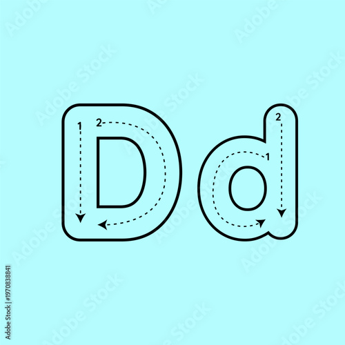 Professional vector alphabet tracing template for letter D (uppercase and lowercase). Designed with step-by-step stroke guides for handwriting mastery. Great for creating educational workbooks, teache