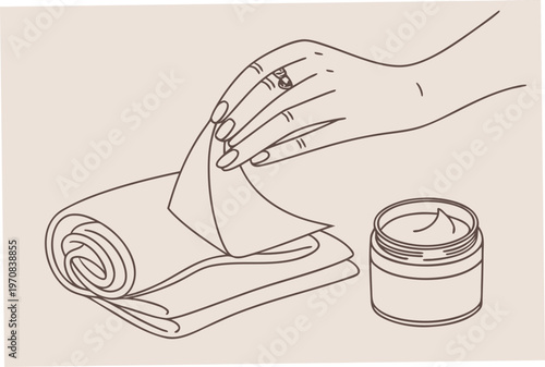 A minimalist line art illustration of a hand wiping with a tissue next to a cream jar and rolled towels
