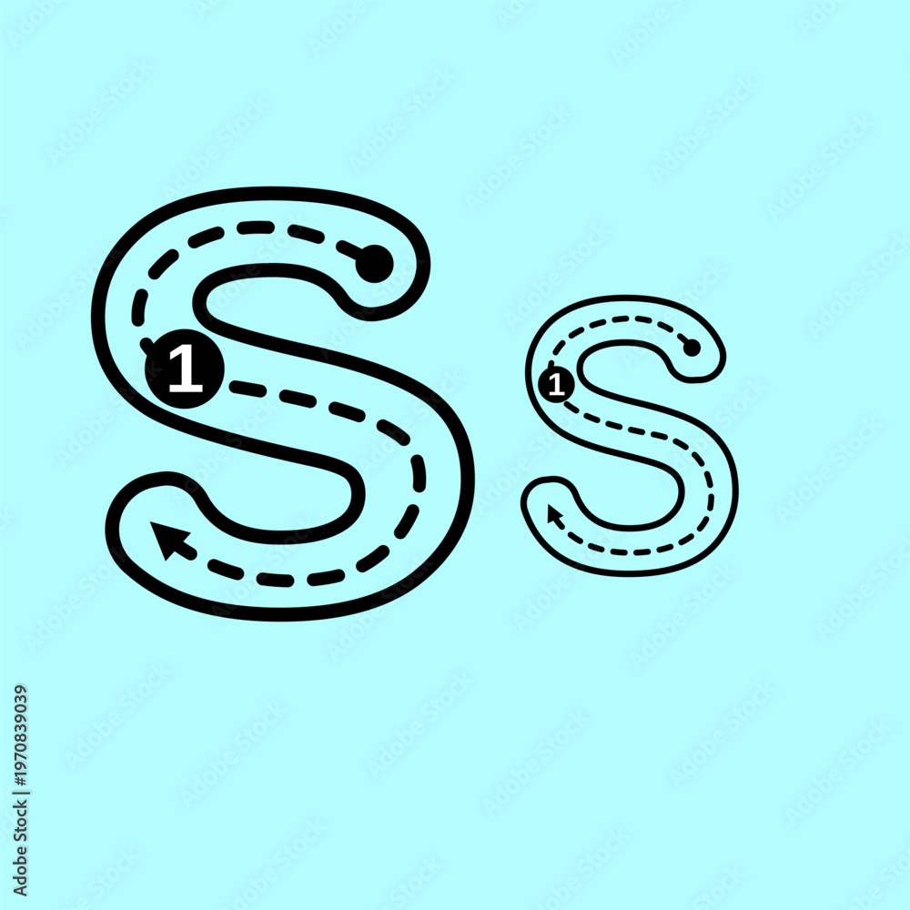 Fototapeta premium Educational alphabet tracing guide for uppercase and lowercase letter S. Designed with instructional arrows and curved dashed paths to help kids master the complex shape of the letter S in handwriting