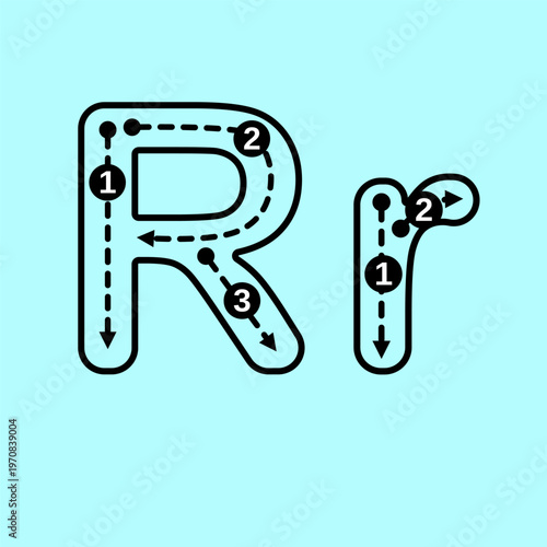 Educational alphabet tracing guide for uppercase and lowercase letter R. High-quality vector template with step-by-step stroke guides for early literacy, phonics lessons, and primary school writing .